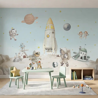 Playroom with caramel smoke space mural and wooden furniture