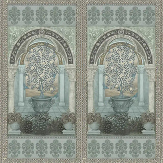 A detailed close-up of the Dastaan wallpaper featuring Mughal arches, birds, and floral urn motifs in dusty blue.