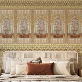 The Dastaan blue yellow mural styled behind a cream fluted headboard with terracotta velvet cushions.