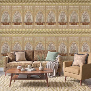 A luxury living room featuring the Dastaan mural behind a tan velvet sofa and contemporary wooden furniture.