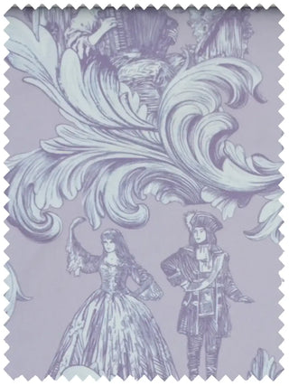 A high-resolution swatch of Date Night fabric featuring lavender Victorian figures and large acanthus leaf scrolls.