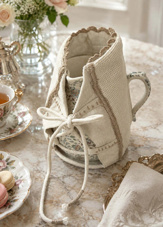 Close-up of the sand-coloured hand-crochet scalloped trim and waffle-weave cotton on the Deep Lore ivory jug cover, styled on a tea table.