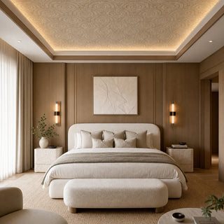 The Desert Daze beige and cream abstract geometric lace ceiling wallpaper styled seamlessly inside a luxury modern bedroom tray ceiling view-ceiling