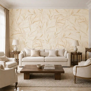 The Desert Solstice wallpaper in Ivory & Gold covering a feature wall in a living room behind a cream sofa, armchairs and side tables. view-livingroom