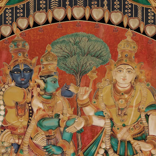 A close-up of the Deva Sabha wallpaper in Terracotta & Gold showing three crowned figures beneath a turquoise tree, with heart-shaped pendants hanging along the arch above.