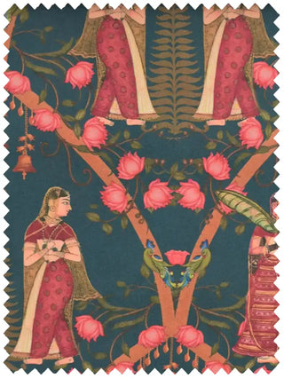 A high-resolution swatch of Devotees fabric featuring traditional Indian figures, pink lotuses, and temple bells on a teal ground.