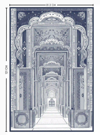 Dilli Darbar archway wall art shown at full size, 81.2 x 121 cm, in indigo blue