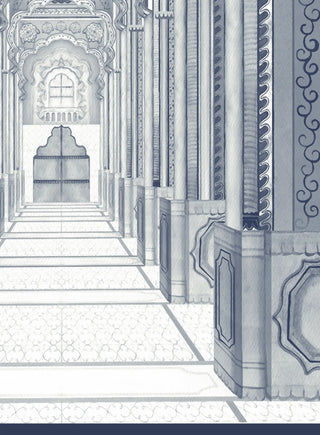 Close-up of the receding archway corridor and carved column detailing in the Dilli Darbar design