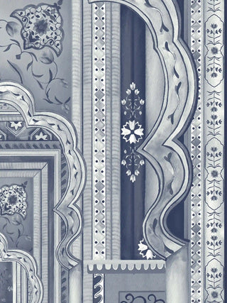 A detailed close-up of the Dilli Darbar wall art in indigo blue highlighting hand-drawn floral motifs and the scalloped archway border.