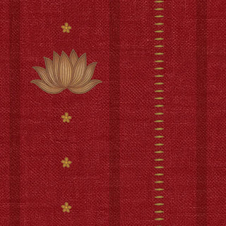 A detailed macro close-up swatch of the Doriya crimson red wallpaper showing the embroidered gold lotus motif, star blossoms, and needle-track pinstripe.
