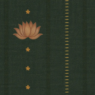 A detailed macro close-up swatch of the Doriya forest green wallpaper showing the embroidered gold lotus motif, star blossoms, and needle-track pinstripe