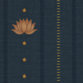 A detailed macro close-up swatch of the Doriya navy blue wallpaper showing the embroidered gold lotus motif, star blossoms, and needle-track pinstripe.