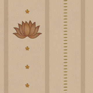 A detailed close-up swatch view of the Doriya wallpaper showing the embroidered terracotta lotus motif, star blossoms, and needle-track pinstripe.