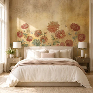 Dusky Charm vintage gold floral wallpaper styled as a grand statement feature wall in a master bedroom layout.