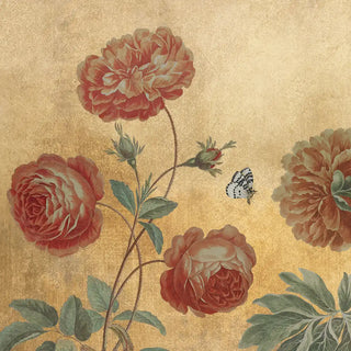 A high-resolution close-up of the coral garden roses, sage leaves, and butterfly motif in the Dusky Charm wallpaper.