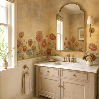 The Dusky Charm rustic floral wallpaper styled above painted wood paneling in a luxury marble powder room vanity.