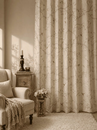 Living room with echo chinoiserie floral curtain, armchair, and decorative items.