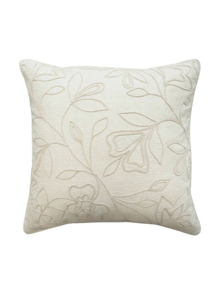 A full front view flat lay of the square Eden cushion cover showcasing its flowing monochromatic floral vine design.