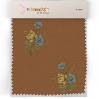 Fabric swatch of Ekani Upholstery Fabric showing rich brown linen with blue and yellow floral embroidery.