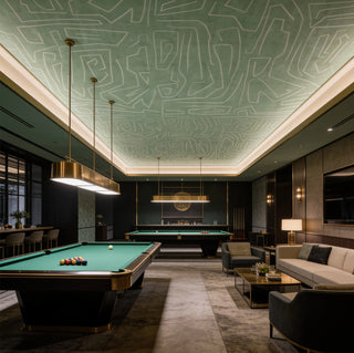 The Emerald Maze green abstract geometric line art ceiling wallpaper mural styled inside an upscale luxury billiards room and lounge hall with warm lighting view-ceiling