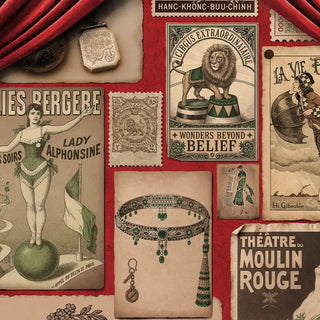 A close-up of the Emerald Whispers wallpaper, highlighting the intricate details of a specific vintage advertisement and the rich color palette.