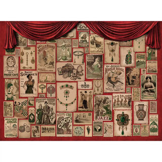 The Emerald Whispers wallpaper mural, showing the entire patchwork of vintage posters and advertisements in various styles.