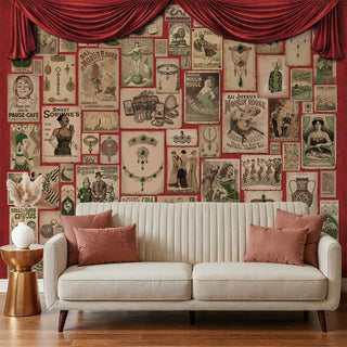 The Emerald Whispers European wallpaper mural, showing a full view of the vintage-style collage pattern with various poster-like designs on a deep red background.