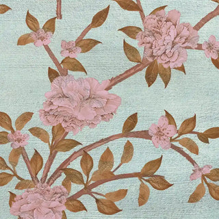 A macro close-up of the Enchanted Glade blue mural highlighting the hand-painted pink blossoms and textured leaves.