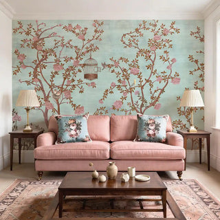 A luxury living room featuring the Enchanted Glade blue mural behind a pink sofa with floral embroidered cushions.