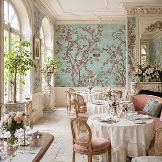 A luxury living room featuring the Enchanted Glade blue mural behind a pink sofa with floral embroidered cushions. view-restaurants