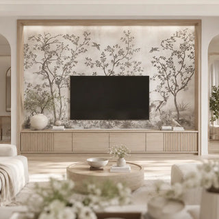 Enchanted Glade forest wallpaper in a bright Tv Panel above a light wood console table. view-tvpanel

