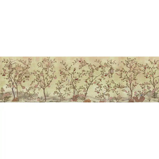 The full panoramic layout of the Enchanted Glade mural showcasing hand-painted blossoms, birdcages, and lanterns.