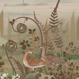Enchanted Grove customised wallpaper with willow branches and a soft meadow horizon behind an upholstered bed with cream linens and a walnut nightstand
