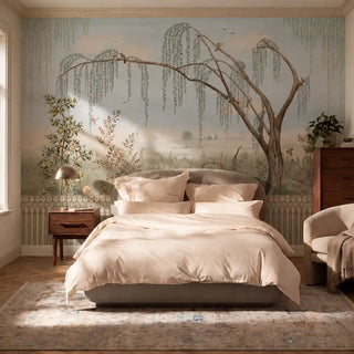 Close up of Enchanted Grove customised wallpaper showing the fine brushstrokes of two long-billed curlews among ferns, curling tendrils and wildflowers