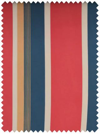 A high-resolution swatch of English Style fabric featuring bold red and navy blue stripes with ochre pinstripe accents.