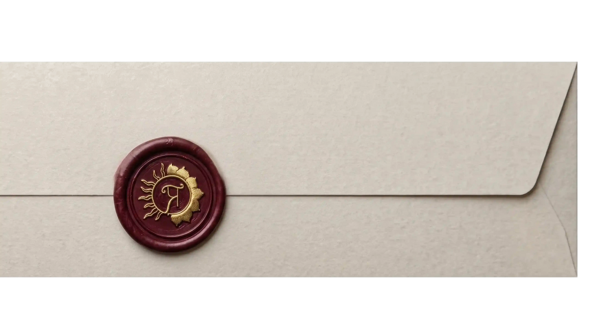 Cream envelope closed with a deep red wax seal and a gold monogram