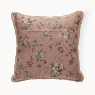 Dusty rose floral cushion cover with a seamless hidden zipper and matching floral embroidery.