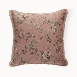 Square cushion cover in dusty rose with elegant vintage floral embroidery and subtle fringe edging.