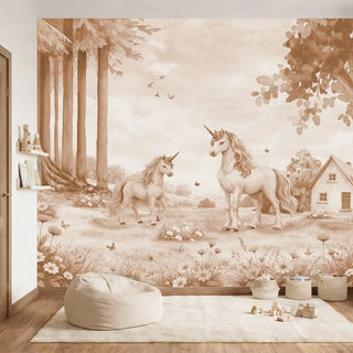 Unicorn meadow mural in minimalist playroom with beanbag