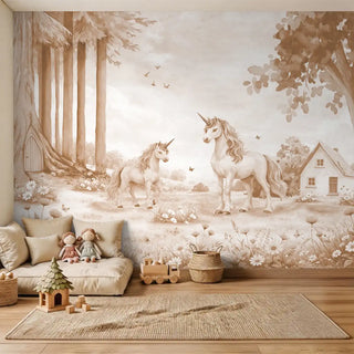 Detailed unicorn wall mural in luxury nursery with floor sofa