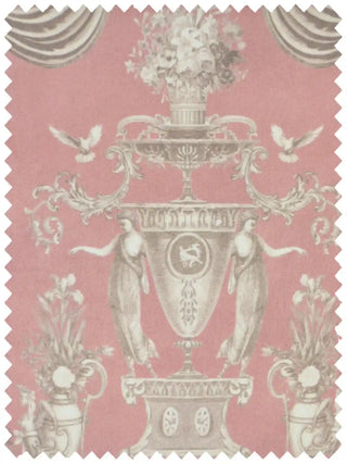 A modern wooden sofa upholstered in European Tapestry rose-pink fabric featuring classical urns and cherubs.