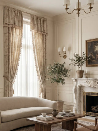 The European Tapestry pre-stitched luxury drapery panel adding an elegant neutral texture to a modern traditional living room layout.