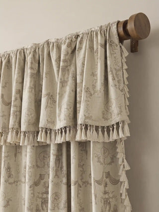 A top-angle close-up view of the European Tapestry pleated valance heading with fringe detailing styled on a rich dark walnut wood rod.