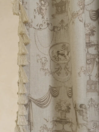A detailed close-up view of the folds on the European Tapestry readymade curtain showing neoclassical urn and floral toile motifs.