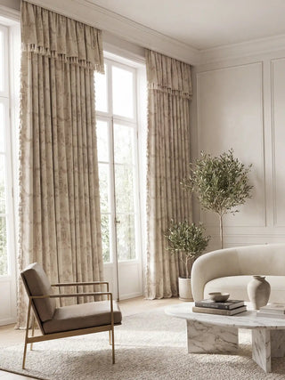 The European Tapestry white cream readymade curtains styled inside a luxury classical living room by a white marble fireplace mantle.