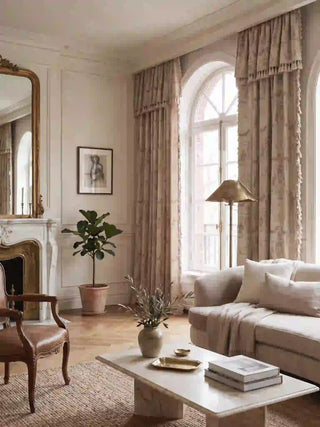 A grand installation of the European Tapestry toile curtains framing large arched floor-to-ceiling windows inside a Parisian-style sitting lounge.