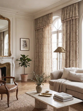 A grand installation of the European Tapestry toile curtains framing large arched floor-to-ceiling windows inside a Parisian-style sitting lounge.