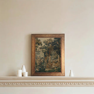 European Tapestry Wall Art framed in wood, displayed above a classic shelf, adding an elegant vintage touch to the interior.