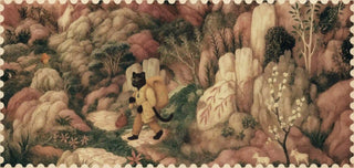 Vintage-style illustration of a black figure in a natural landscape with mountains and trees.