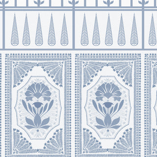 Detailed image of the Court of Petals blue decorative panel featuring a symmetrical, stylized lotus or tulip floral motif.